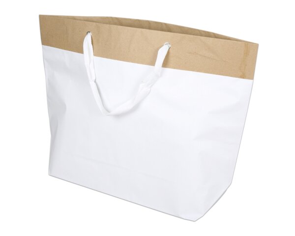 Papiertasche mit Stoffhenkel, weiss & braun, 63x45x18  Taschen mit Stoffhenkel, Papiertaschen & Boxen