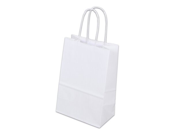 Papiertasche mit Kordel, weiss Hochformat, 14x8.5x21.5 Taschen mit gedrehter Kordel, Papiertaschen & Boxen