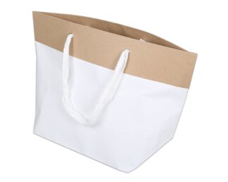 Papiertasche mit Stoffhenkel, weiss & braun, 46x30x18  Papiertaschen & Boxen