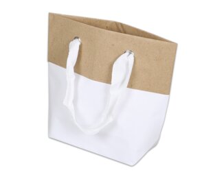 Papiertasche mit Stoffhenkel, weiss & braun, 35x15x8  Papiertaschen & Boxen
